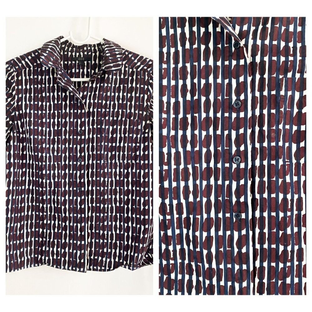 COS Geometric Print Navy Blue Burgundy Button up Long Sleeve Dress Shirt 4